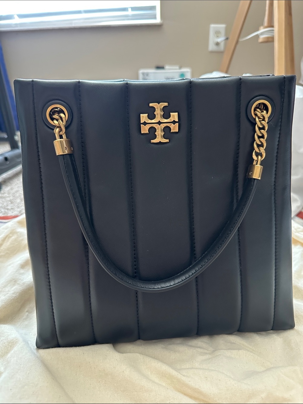 Tory Burch kira Black Quilted Tote with Gold Logo and Chain Handles